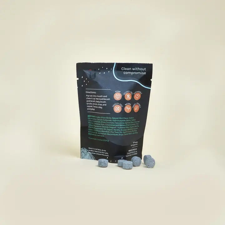 All natural ingredients Huppy Toothpaste Tablets made with Charcoal Mint, refill back cover